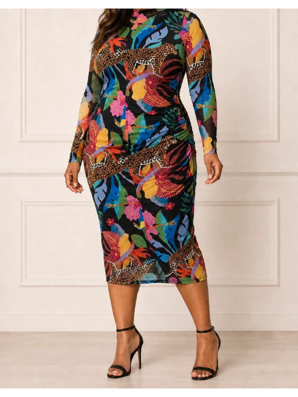 Ashley Stewart 14/16 Tropical Leopard Mesh Ruched Midi Dress